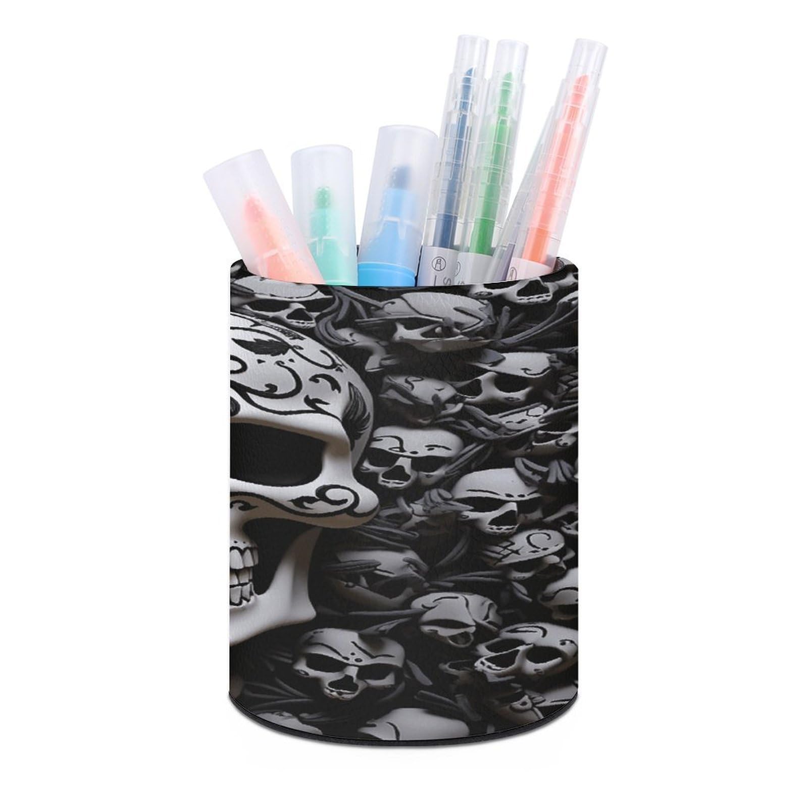 FekiLoot PU Leather Round Pen Holder Black And White Skulls Pencil Holder Desk Organizer Pen Organizer Pen Cup Pencil Cup Caddy Desktop Stationery Organizers for Office Home Supplies