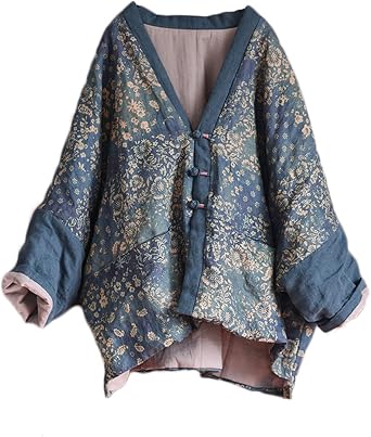 NFYM Women Autumn Outwear Jacket Lightweight Thin Quilted Open Front Vintage Printed Patchwork Short Coats