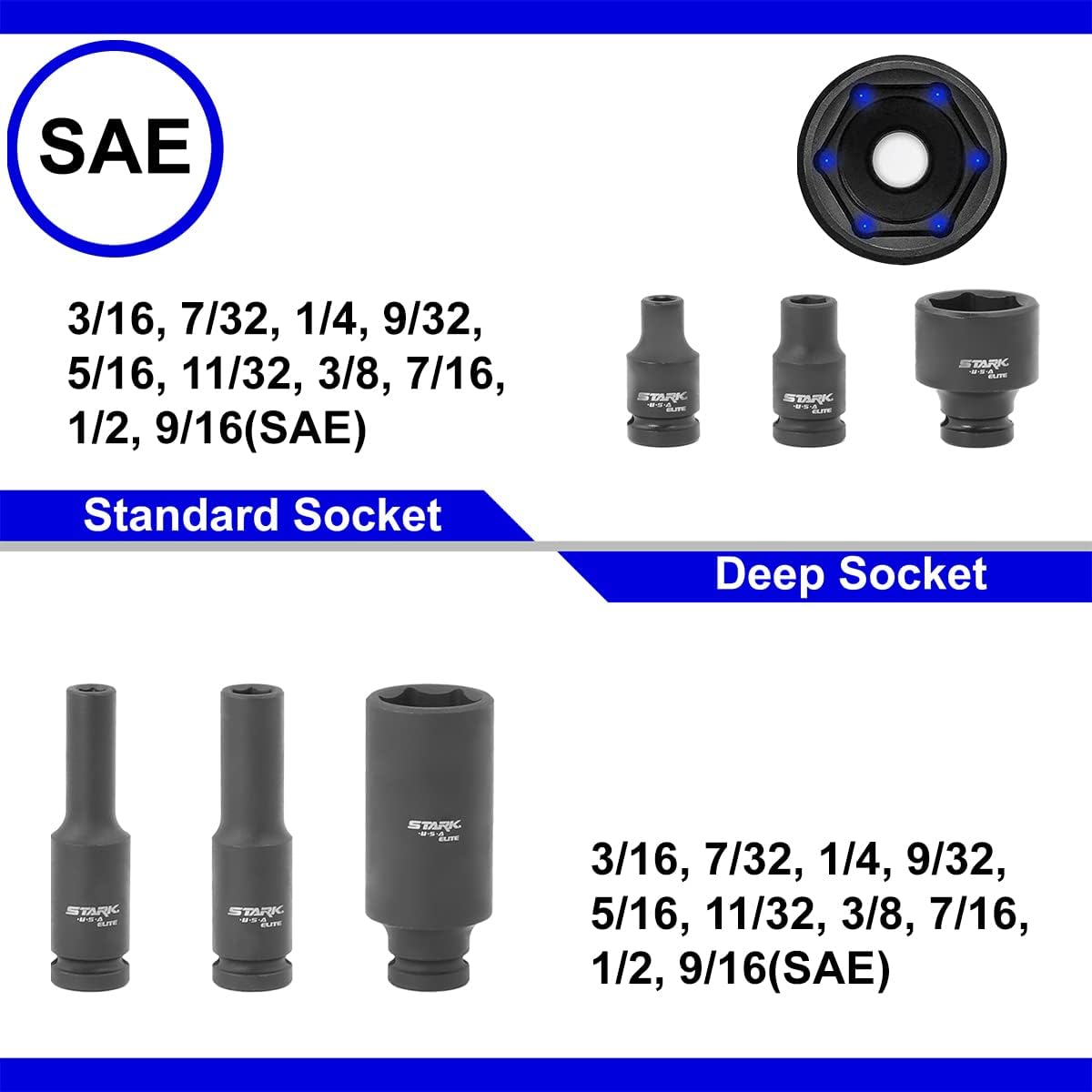 Stark USA Elite 53PCS 1/4" DR Master Impact Socket Wrench Set, Universal Socket Adapter SAE (3/16" - 9/16") & MM (4 to 15)