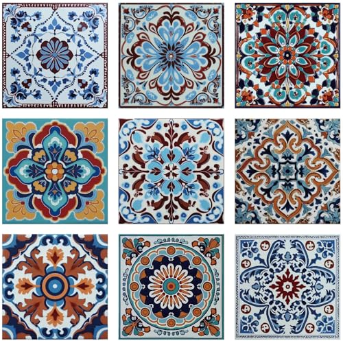 PRESSINART 36Pcs 9 Styles Mexican Peel and Stick Tiles 4 x 4 Inch Colorful Tile Stickers Square Flower Pattern Waterproof PVC Decals for Kitchen Bathroom Backsplash Furniture Staircase DIY Home Decor
