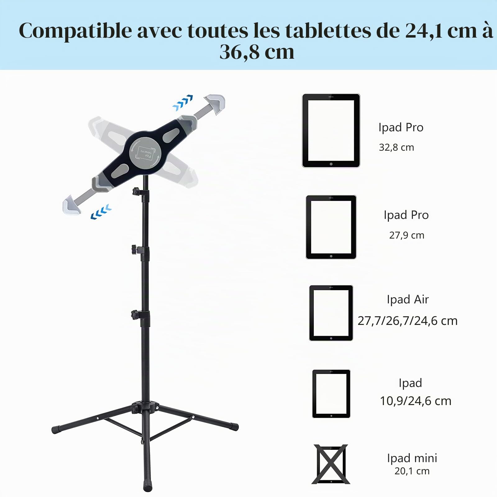 Trépied pour iPad, Hauteur réglable, Support de Tablette avec Rotation à 360 degrés pour iPad Pro 12.9, iPad Air et Autres appareils de 24,5 à 36,5 cm