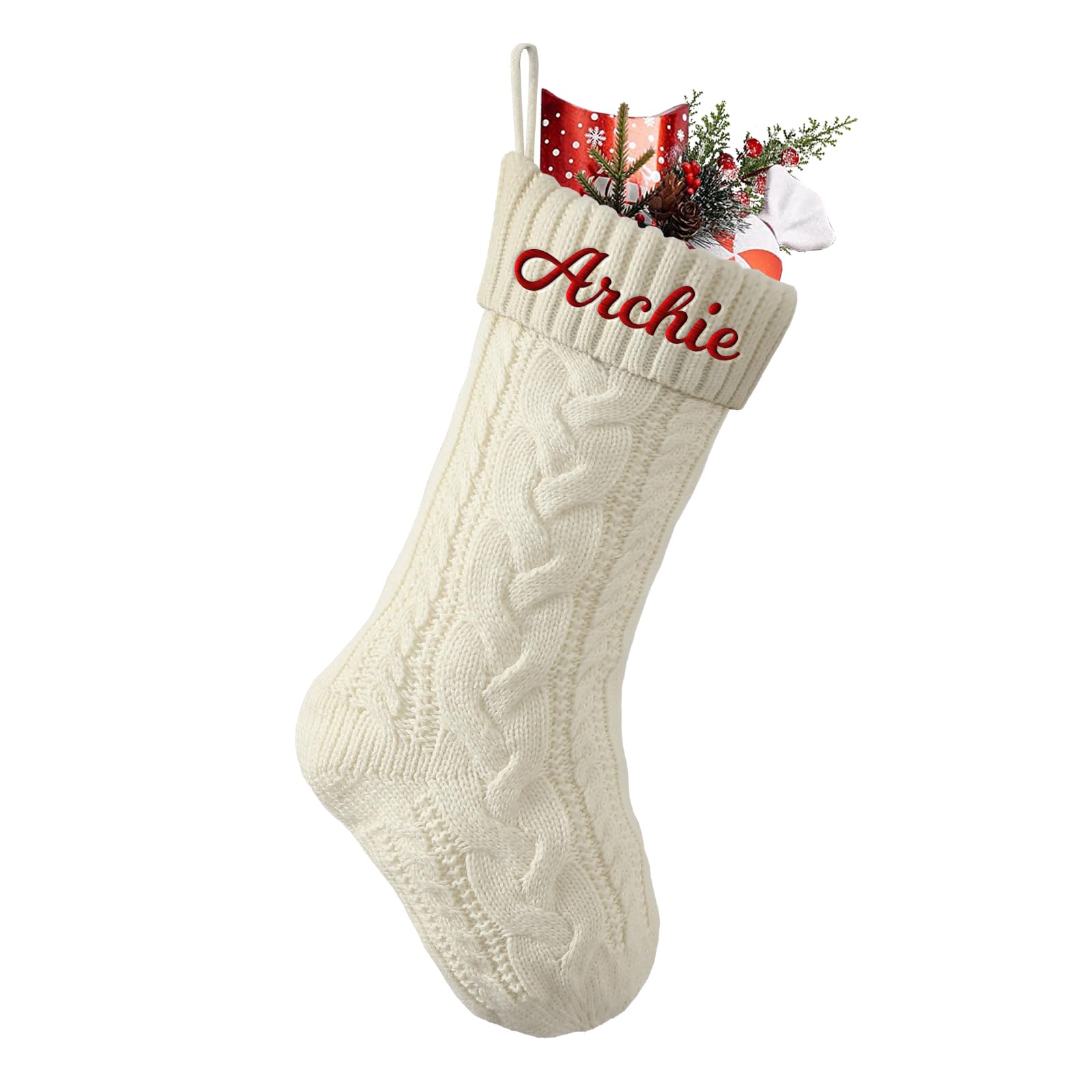 Cysincos Personalized Christmas Stockings Custom Name Family Christmas Stockings 18" Large Knitted Xmas Fireplace Hanging Stocking, Stocking for Holiday Family Party Decoration,Ivory White — image 1