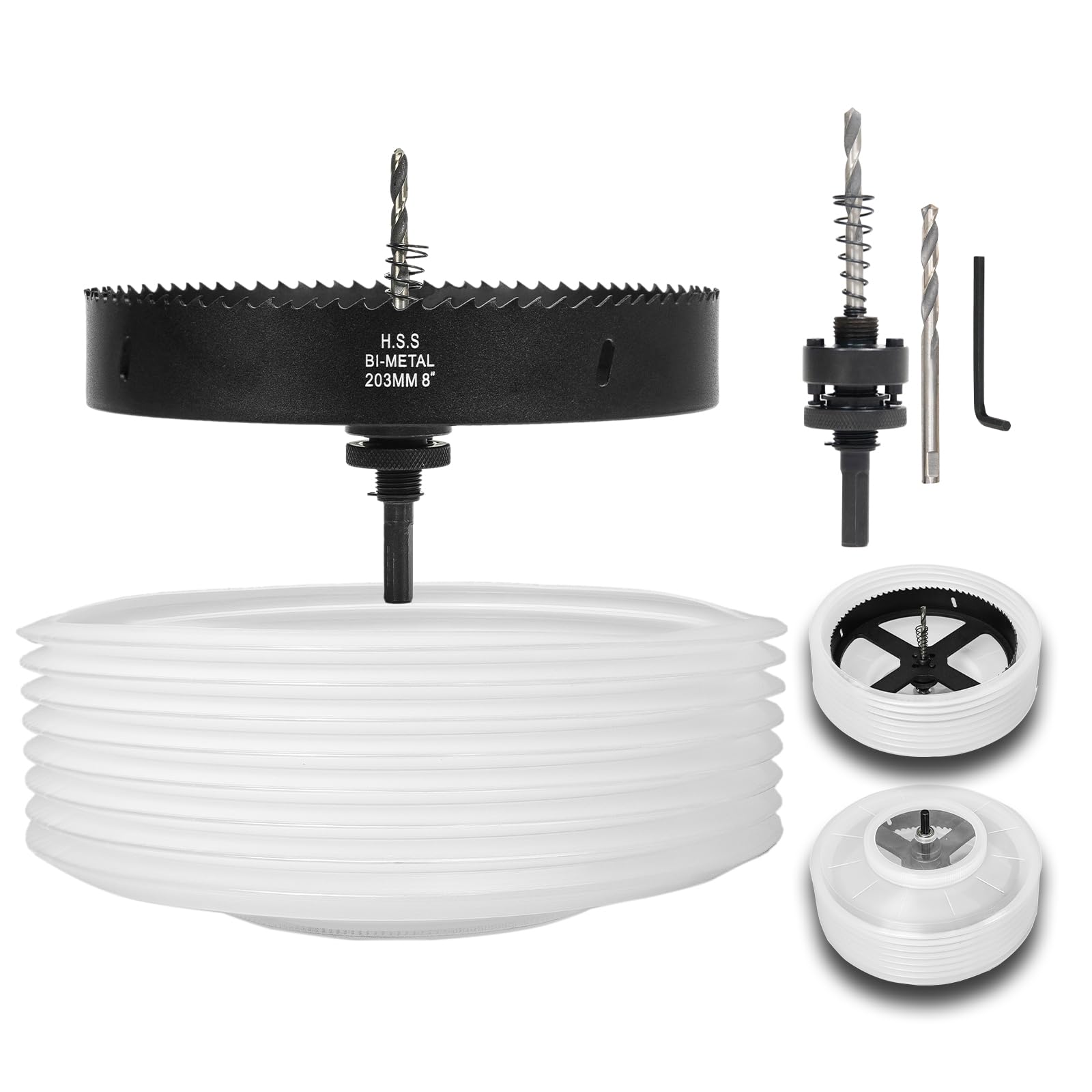 Otwornica z 8 otworami do opraw podtynkowych, wycinarka otworów 20,3 cm, z odpylaczem do oświetlenia podtynkowego LED 20,3 cm, płyta gipsowo-kartonowa, konstrukcja bimetalowa, czarna