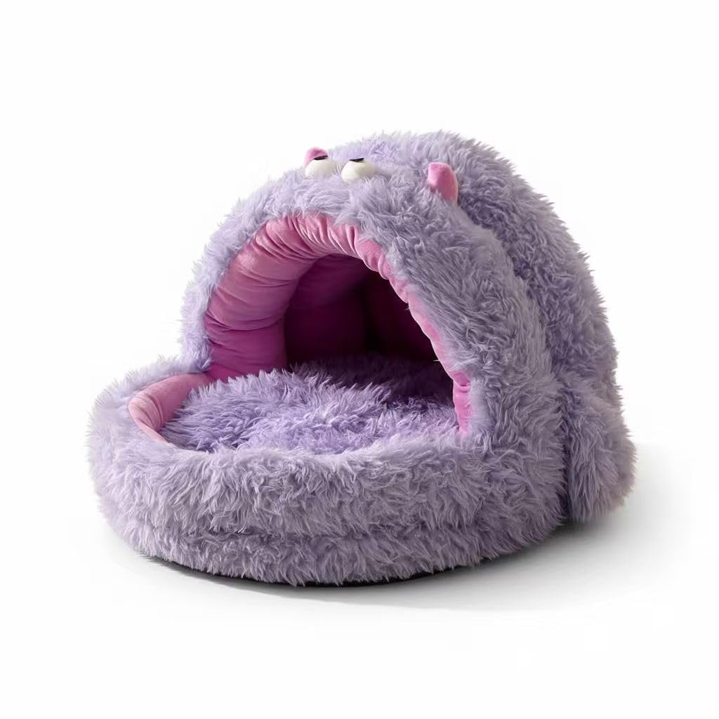 Lit semi-fermé pour chat dôme en peluche douce panier monstre violet S