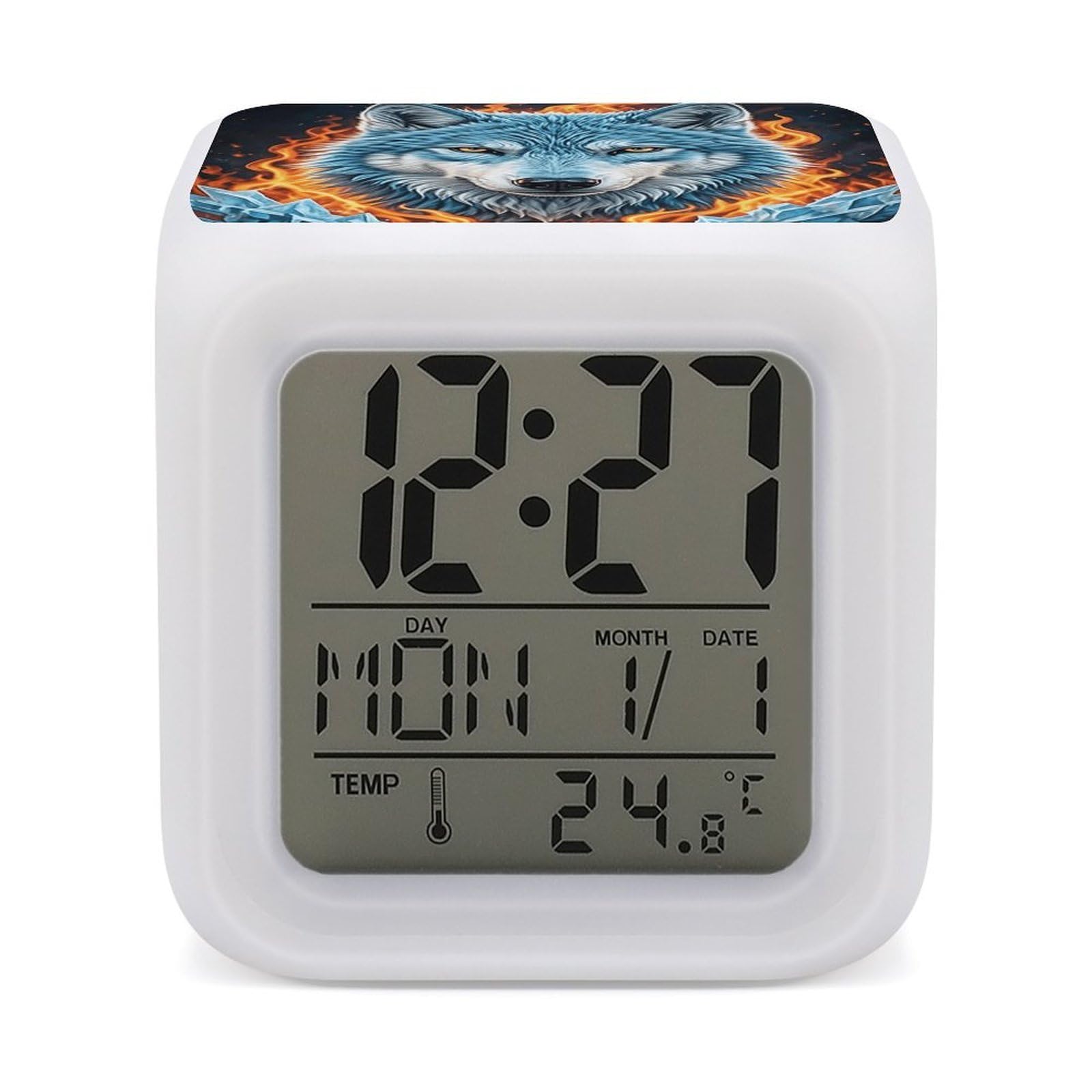 FodPand 7 Color Ambient Night Light Cube Battery Operated Wolf Digital Clock with Snooze Temperature LED Digital Alarm Clocks Dimmable Wake Up Light Portable Mood Lamp for Bedroom Desk Gift