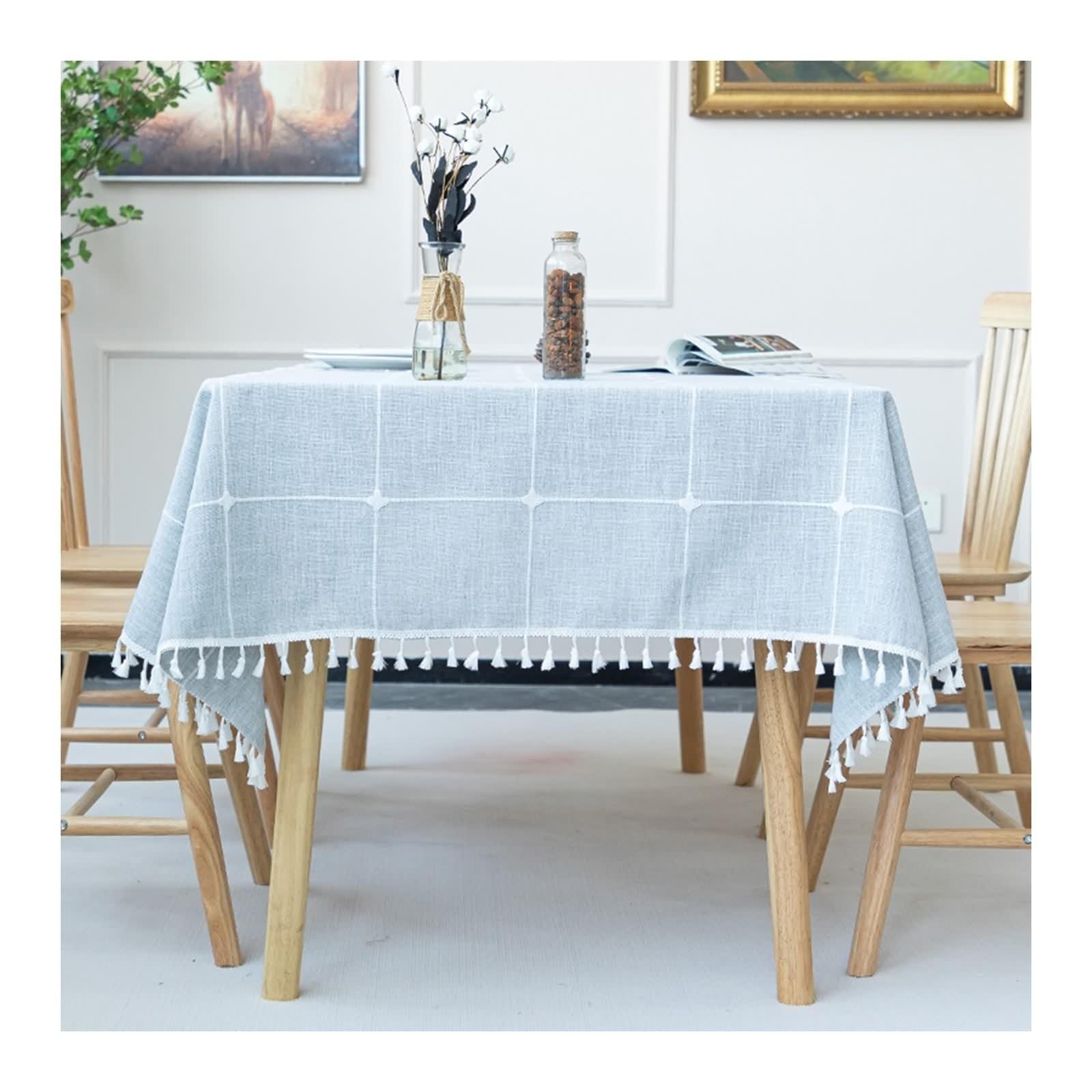Tovaglia Rettangolare In Cotone, Copri Tavolo Compleanno Grigio Plaid con Nappa Decorativa 140X300CM per Festa Matrimonio
