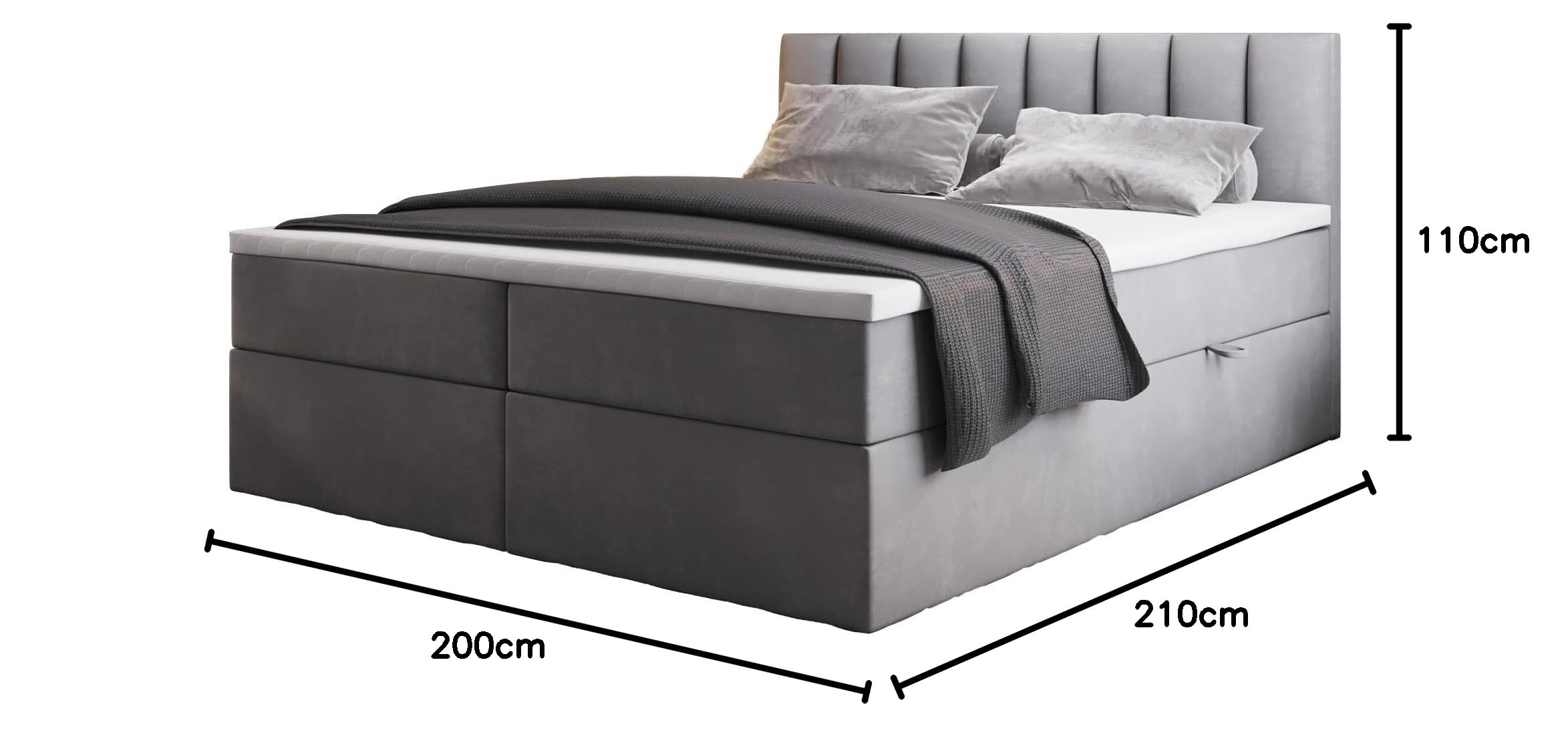 TRADA Boxspringbett mit Bettkästen und Bonell Matratze H3 - Elegant Bett Palermo mit Matratze und Topper - Grau - 200 x 200 cm