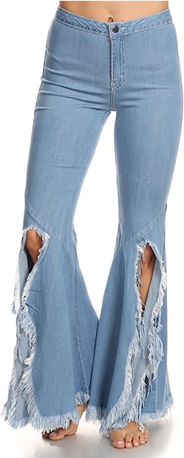 Women's Fashion Stretch High Waisted Slim Fit Distressed Flared Jeans Blue 6-8