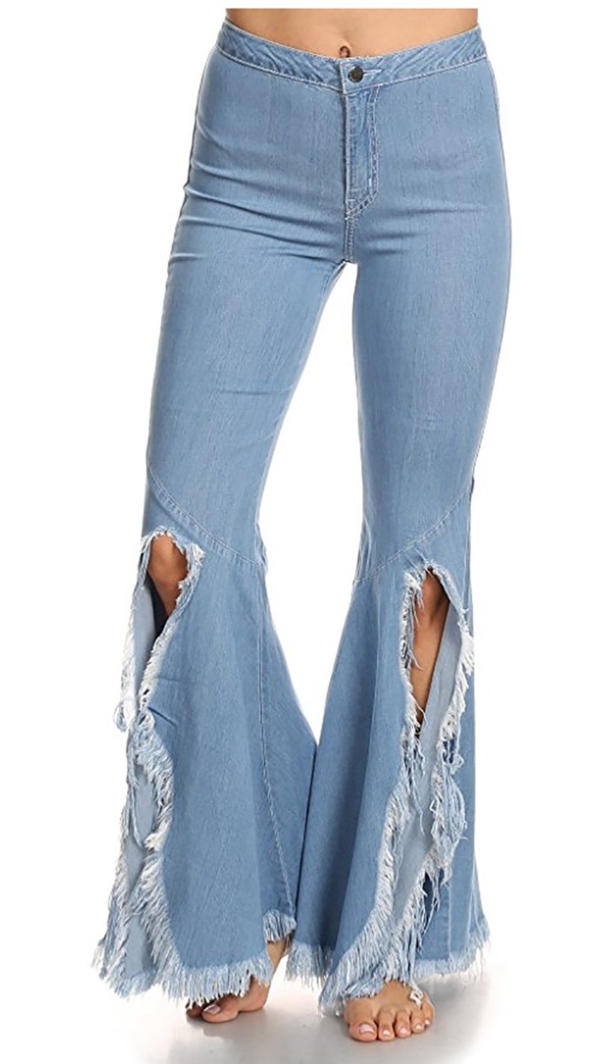 Women's Fashion Stretch High Waisted Slim Fit Distressed Flared Jeans Blue 6-8