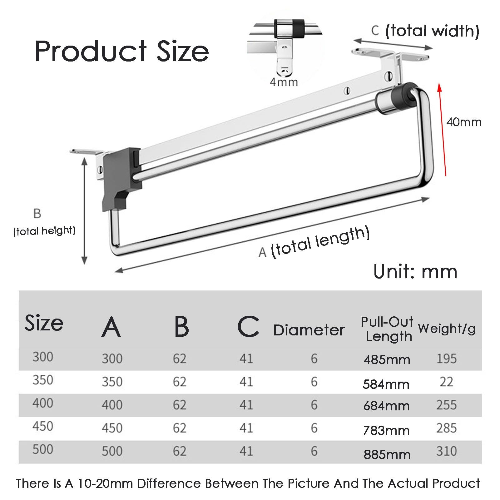 Genérico Perchero retráctil para Pantalones - Barra Resistente para Colgar Ropa, Capacidad de Carga de 25 kg, Vaqueros y chales, diseño Que Ahorra Espacio, 300 mm de Ancho, 1 Unidad.