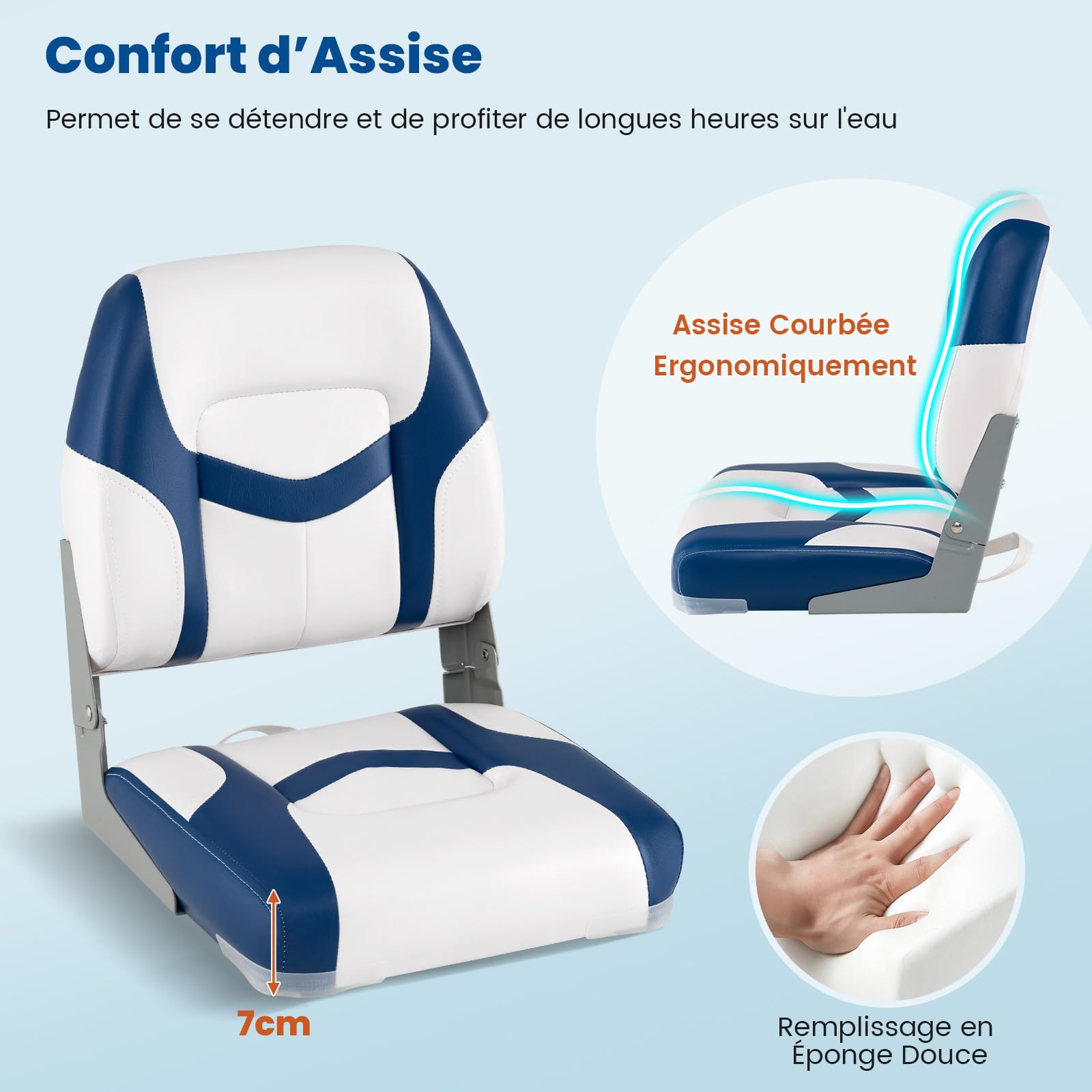 GOPLUS Lot de 2 Sièges de Bateau Pliants à Dossier Ergonomique Bas, Chaises de Bateau Confortables Rembourré en Éponge, Sièges Rabattables pour Bateau, Convient pour Yacht, Bateau de Pêche, 42x49x51CM