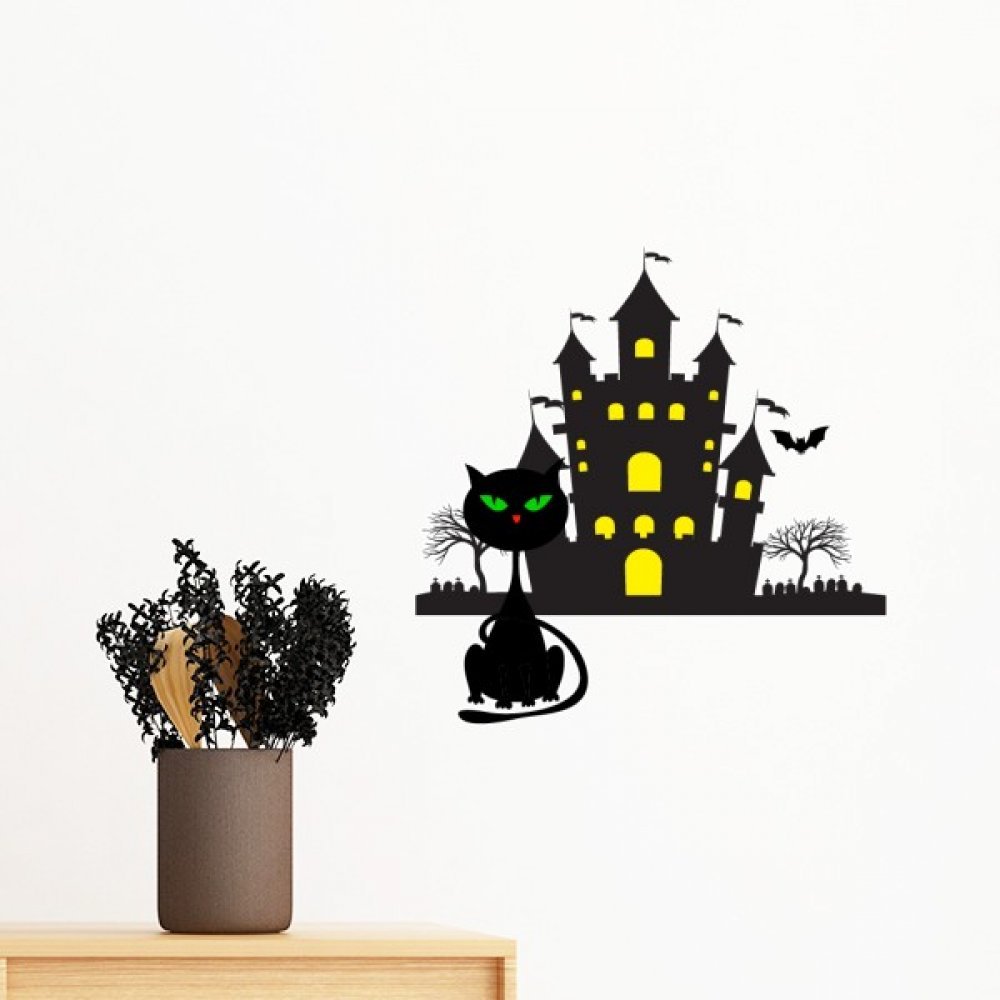 Sticker mural amovible chat d'Halloween autocollant repositionnable 100cm