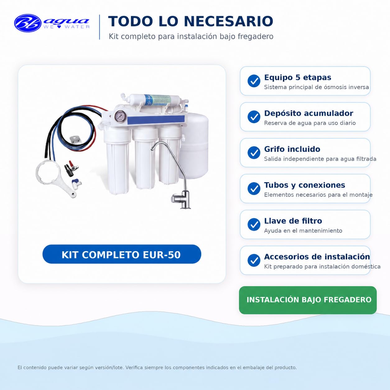 Bbagua EUR-50 – Equipo de Ósmosis Inversa 5 Etapas para Casa | Reduce Cal, Cloro y Sales | Agua Purificada de Baja Mineralización | Sistema Bajo Fregadero con Filtros y Membrana