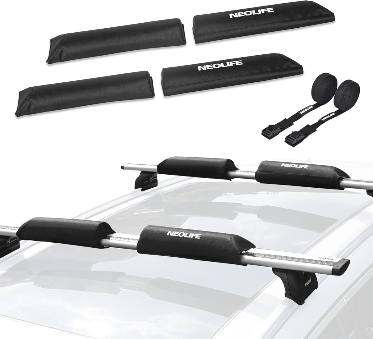 Soft Roof Rack Pads with Two 15 Ft Tie Down Straps for Surfboard, SUP Paddleboard, Snowboard, 28/34inch (Pair) Blue/Black