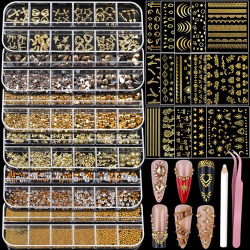 Teentior Nail Charms Gold Rhinestones for Nails with 15 Sheets Gold Nail Stickers 6 Boxes Nail Gems Pearls for Nails Cross Nail Charms for Nails Design Nail Art Rhinestones Caviar Beads for Nails