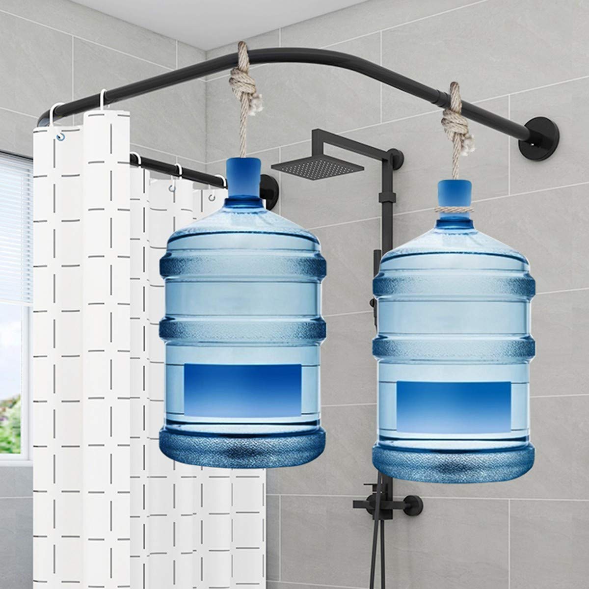 Barra de ducha curvada ajustable, soporte para barra de ducha sin taladro, para baño, vestidor, tienda de ropa al aire libre, fácil instalación, diseño que ahorra espacio