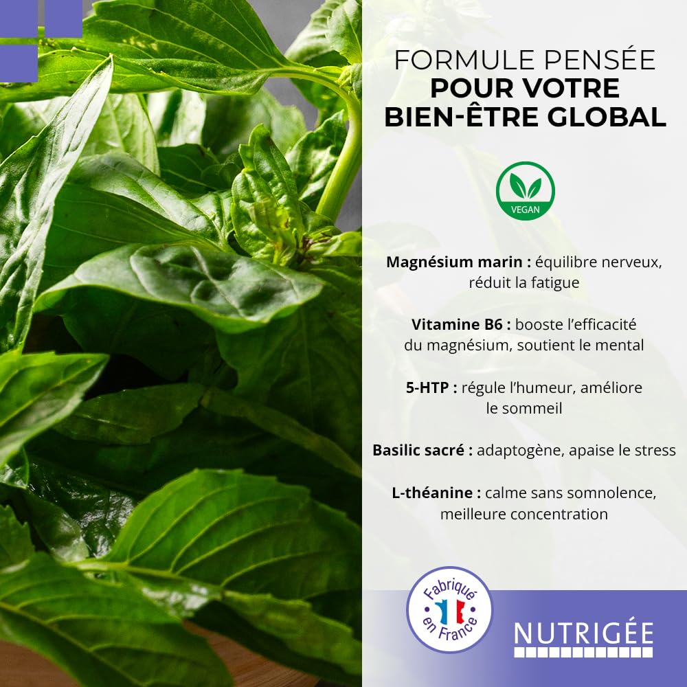 NUTRIGÉE - Basilic Sacré Fort - Équilibre - Anti-Stress - Bien-Être - Régule L'Humeur, Agit Contre Le Stress, Réduit La Fatigue - 2 Prises/Jour - 60 Comprimés - Programme 30 Jours - Fabriqué en France