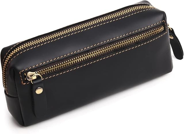 WONDERPOOL Pen Case Real Leather Pencil Pouch Markers Holder Big Capacity Bag with Side Zippered Pocket Sleeve for Stationery Makeup Utensils Organizer (Black)