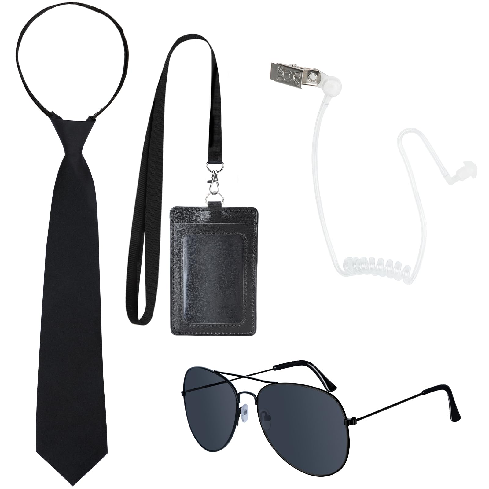 Spinosaurus 4pcs Secret Agent Accessories Set for Adult,Kids Black Tie,Sunglasses,Lanyard with Id Badge Holder,Spy Earpiece,Men in Black Costume Accessories for Cosplay Dress Up Party