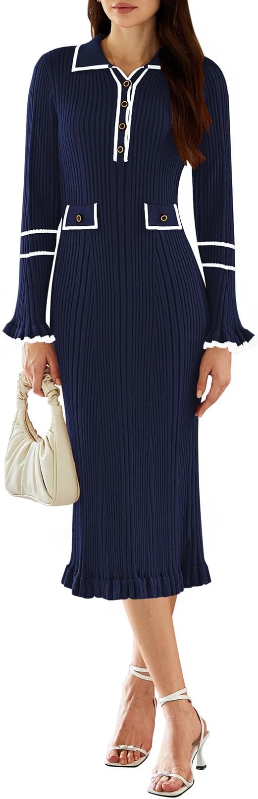 Women's V Neck Bodycon Sweater Dress 2026 Long Sleeve Half Button Slim Fitted Ruffle Ribbed Knit Maxi Pencil Dress