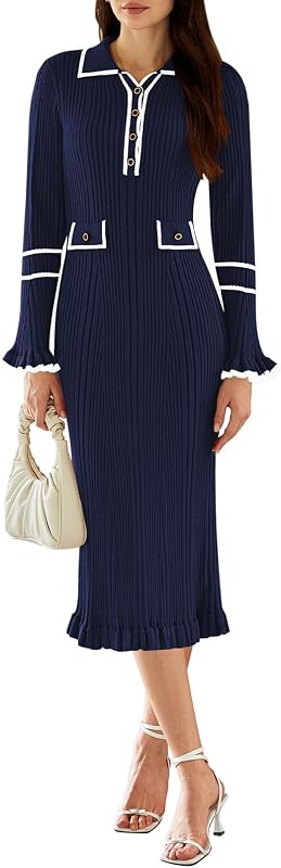 Pink Queen Women's V Neck Bodycon Sweater Dress 2026 Long Sleeve Half Button Slim Fitted Ruffle Ribbed Knit Maxi Pencil Dress