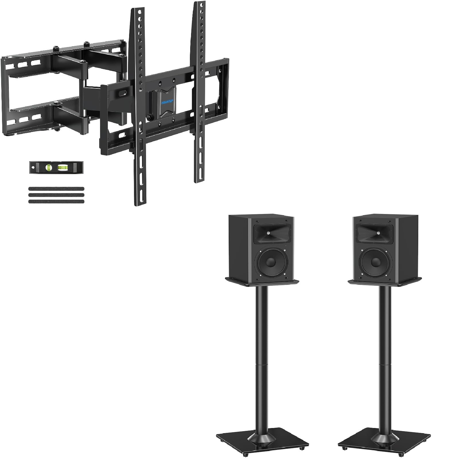 MOUNTUP UL Listed Full Motion TV Wall Mount MU0010 & Universal Speaker Stand MU9132 Bundle