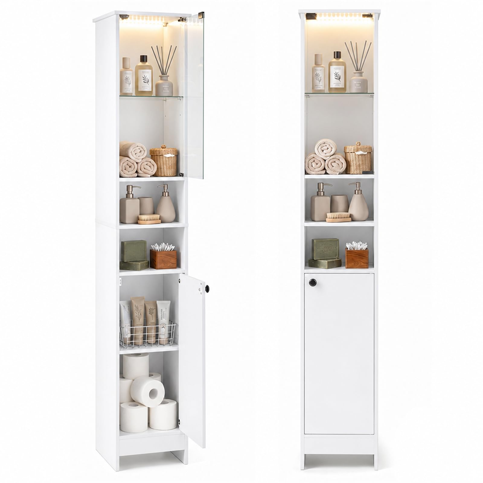 Giantex Mobile Alto da Bagno in Legno con Luci LED, 30 x 30 x 170 cm (Bianco)