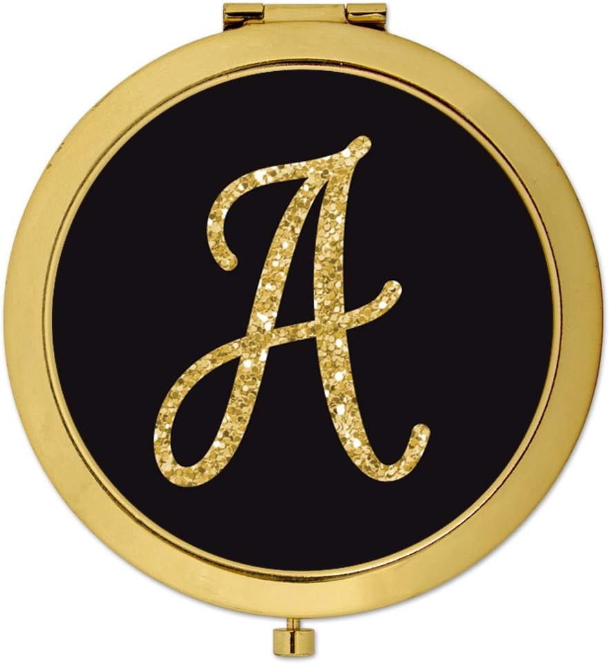 Andaz Press Gold Compact Mirror Bridesmaid's Wedding Gift, Black with Faux Gold Glitter, Monogram Letter A, 1-Pack, Bachelorette Bridal Shower Wedding Party Gifts