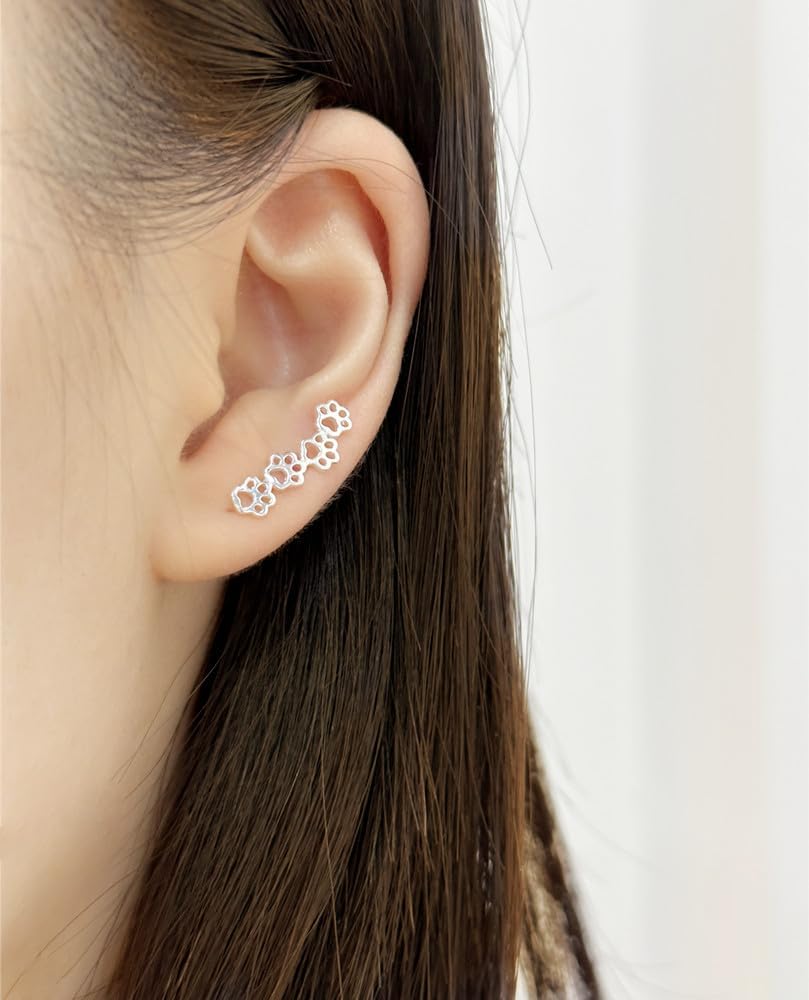Paw Ear Cuff Wrap Crawler Climber Earrings for Women Teen Girls Sterling Silver Studs Clip On Cute Dog Cat Pin Hypoallergenic Jewelry