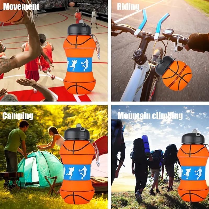 Image of Silicone Expandable & Foldable Basketball Water Bottle | 500ML Soft Collapsible Sports Bottle for Boys & Girls | Leak-Proof, Portable & BPA-Free | Basketball Theme (Multicolor)