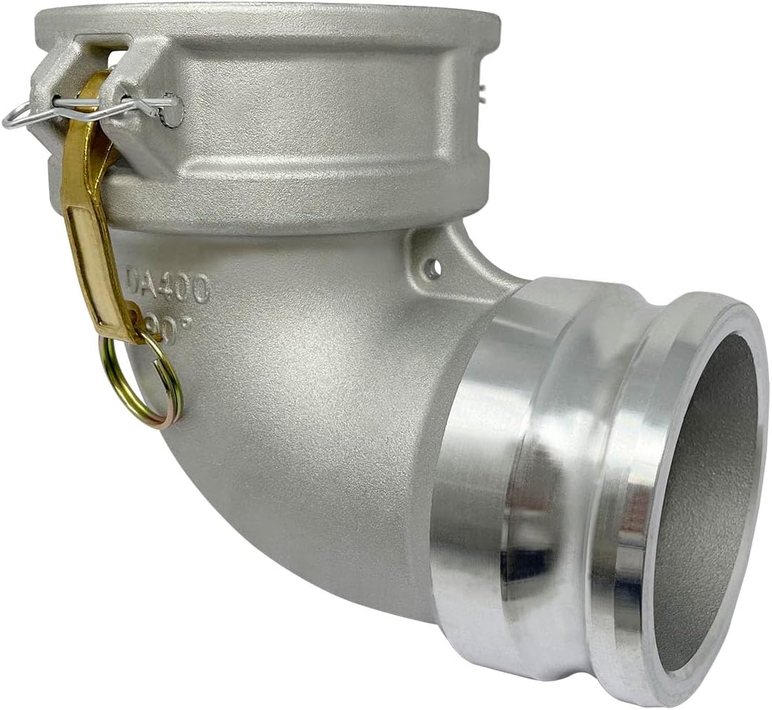 Gloxco Aluminum Type DA Cam and Groove Hose Fitting, 90 Degree Elbow, 4" Female Camlock x 4" Male Camlock (CAM-40-DA90-AL)
