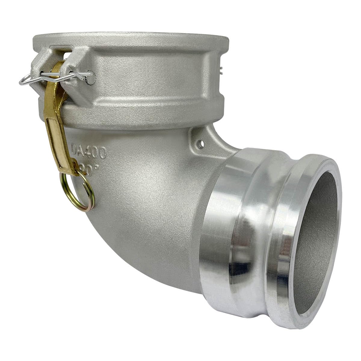 Gloxco Adaptador de manguera DA tipo de aluminio para cámara y ranuras, codo de 90 grados, Camlock hembra de 4 pulgadas x Camlock macho de 4 pulgadas (CAM-40-DA90-AL)