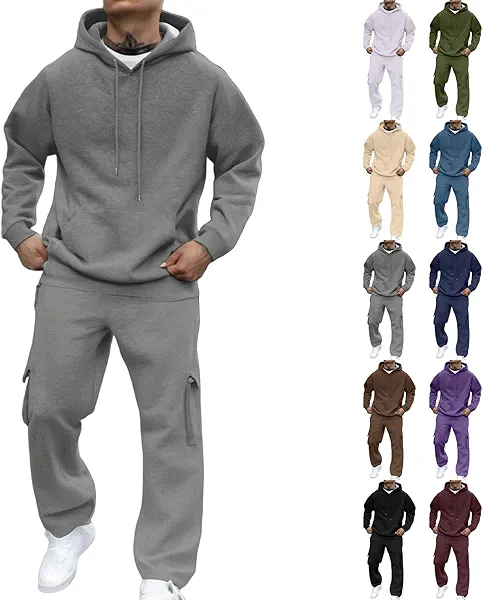Fleece Hoodie and Sweatpants Set for Men Matching Sweatsuits 2 Piece Set Casual Big and Tall Hoodies Pullover Cargo Sweatpants Sets Men's Tracksuits Fleece Lined Sweatsuits Ropa Deportiva Para Hombre