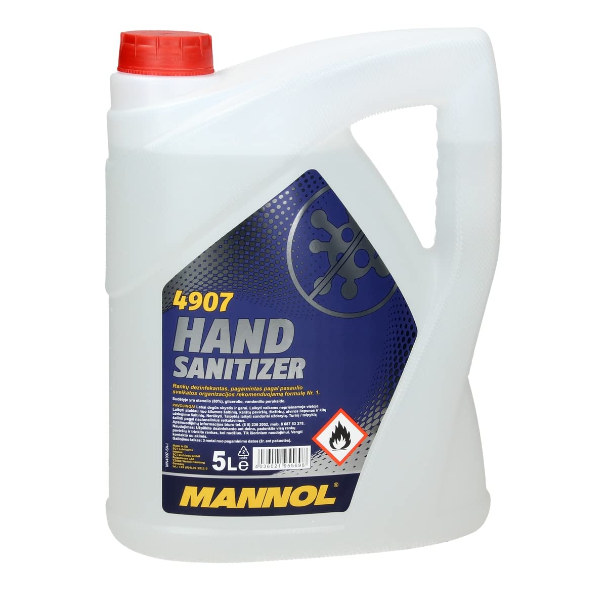 MANNOL 4907 Desinfectante de Manos o para Superficies 5 Litros Esterilizante para Aplicación Directa Protección Higiénico Eficaz contra Virus y Bacterias Suave con la Piel Antiséptico con Glicerina