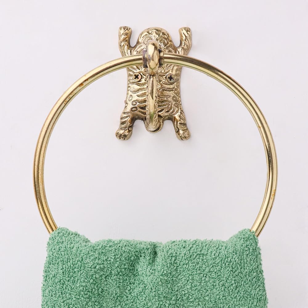 IndianShelf Decorative Tiger Gold Hand Towel Ring Premium Brass Cheetah Towels Holder for Bathroom Bronze Hand Towel Holder Bathroom Wall