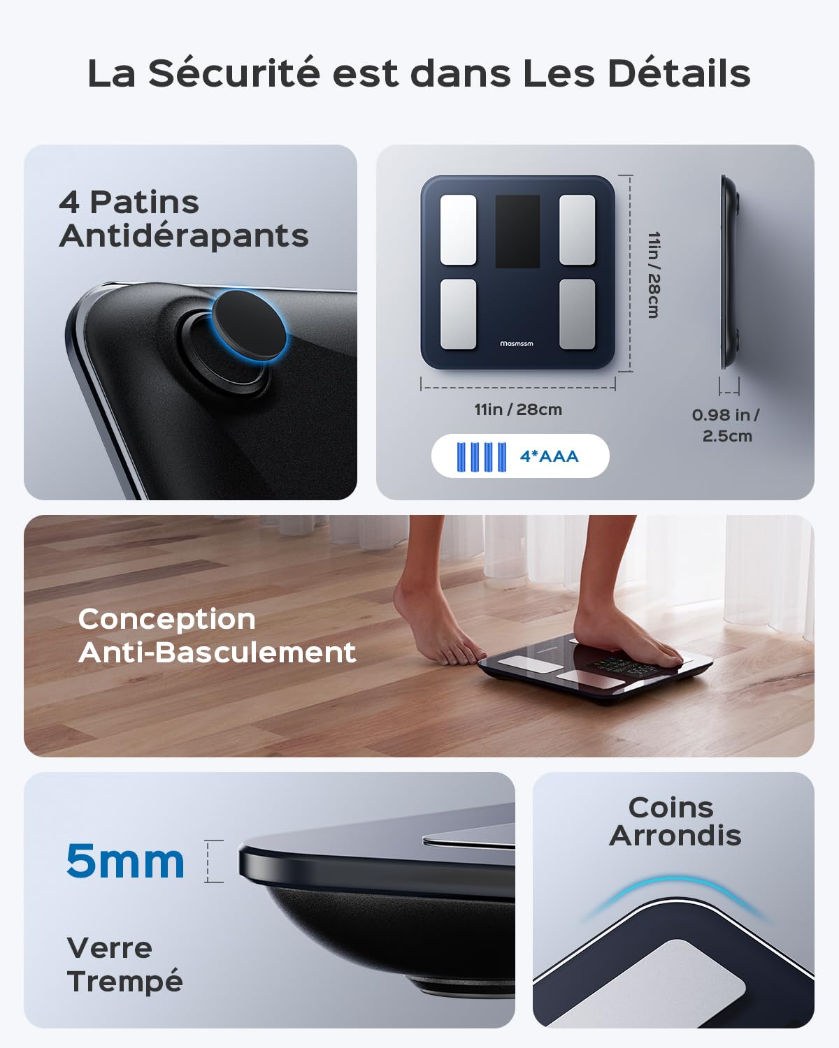 Balance Connectée Pèse-Personne, Balance Connectée Impédancemètre 8-en-1 Grand VA Écran, 22 Indicateurs dont Fréquence Cardiaque, IMC, Graisse Corporelle Pour iOS & Android, Max. 180kg