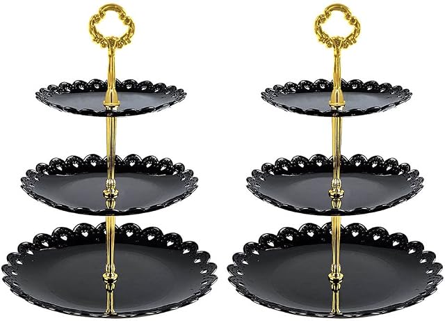 2 Pack 3 Tier Cake Display Stand Reusable,Plastic Round Cake Stand Display Fruit Plate,Dessert Stand, Cupcake Stand Party Serving Platter Stand for Birthday Wedding Party,Afternoon Tea(Black)