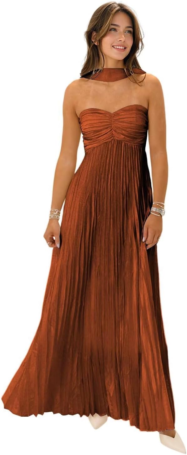 Strapless Bridesmaid Dresses for Women with Scarf 2025 Pleated Long Chiffon Formal Wedding Guest Dress Flowy Evening Gown