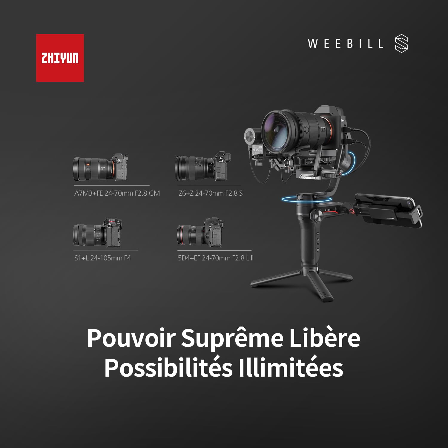 ZHIYUN Weebill S [Official] Stabilisateur Appareil Photo, 3 Axes Gimbal pour Camera DSLR et Mirrorless, Conception Légère, Stabilité Dynamique, Disponible pour Canon/Sony/Panasonic/Nikon/Fujifilm