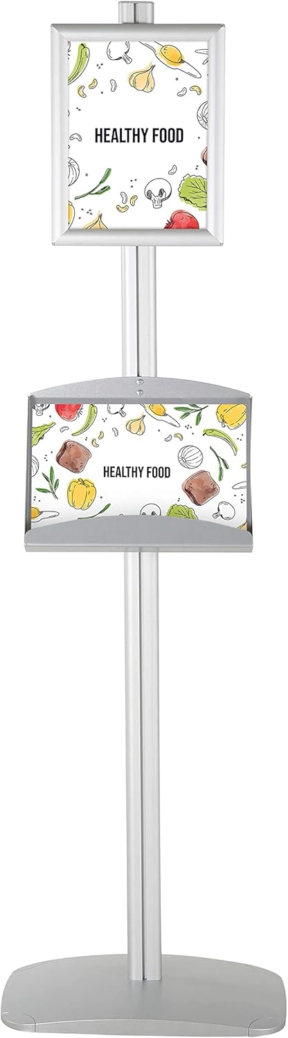 M&T Displays Free Standing Aluminum Display Stand Single Sided Document Brochure Sign Holder Front Loading Portrait Landscape Silver Snap Frame 1x(8.5x11) - Metal Tray Shelf 2X(5.5x8.5) Inch Capacity