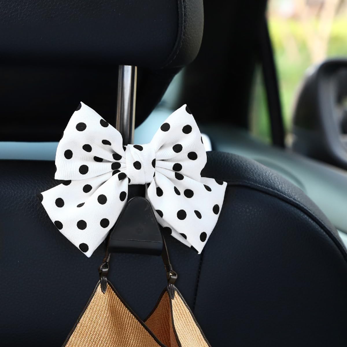 Mandark 2-Piece Car Seat Headrest Hooks - Universal for All Vehicles, Cute Bow Hooks for Purses & Bags, Interior Decoration Accessories (White/Polka Dot)