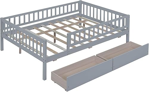 Miniatura 4 de Epinki Cama de madera tamaño matrimonial con 2 cajones, gris, marco de cama para niños, no necesita somier, fácil montaje