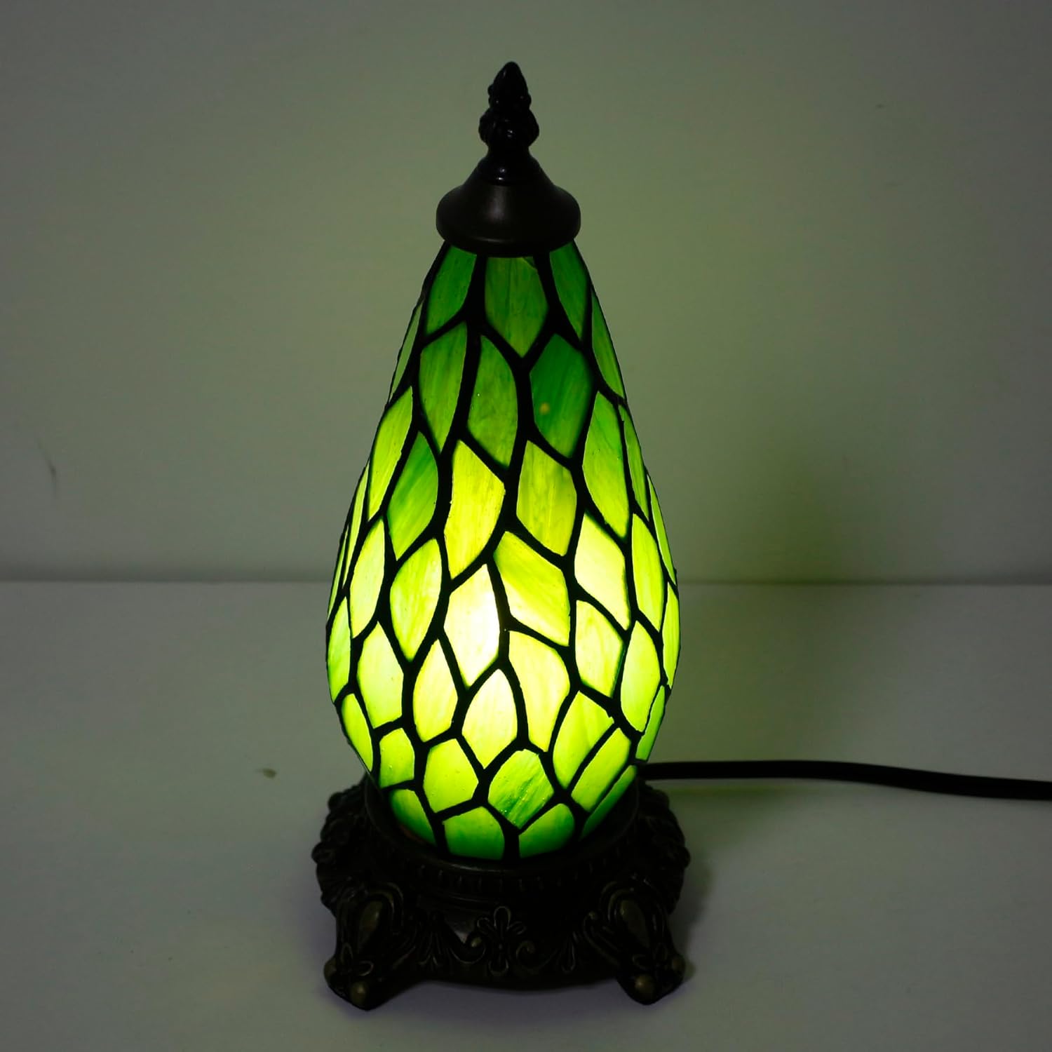 Small Tiffany Lamp Stained Glass Table Lamp 5.5X11 Inch Christmas Tree Lighthouse Mini Accent Memory Sympathy Antique Night Light for Bedroom Living Room (Green Wisteria)