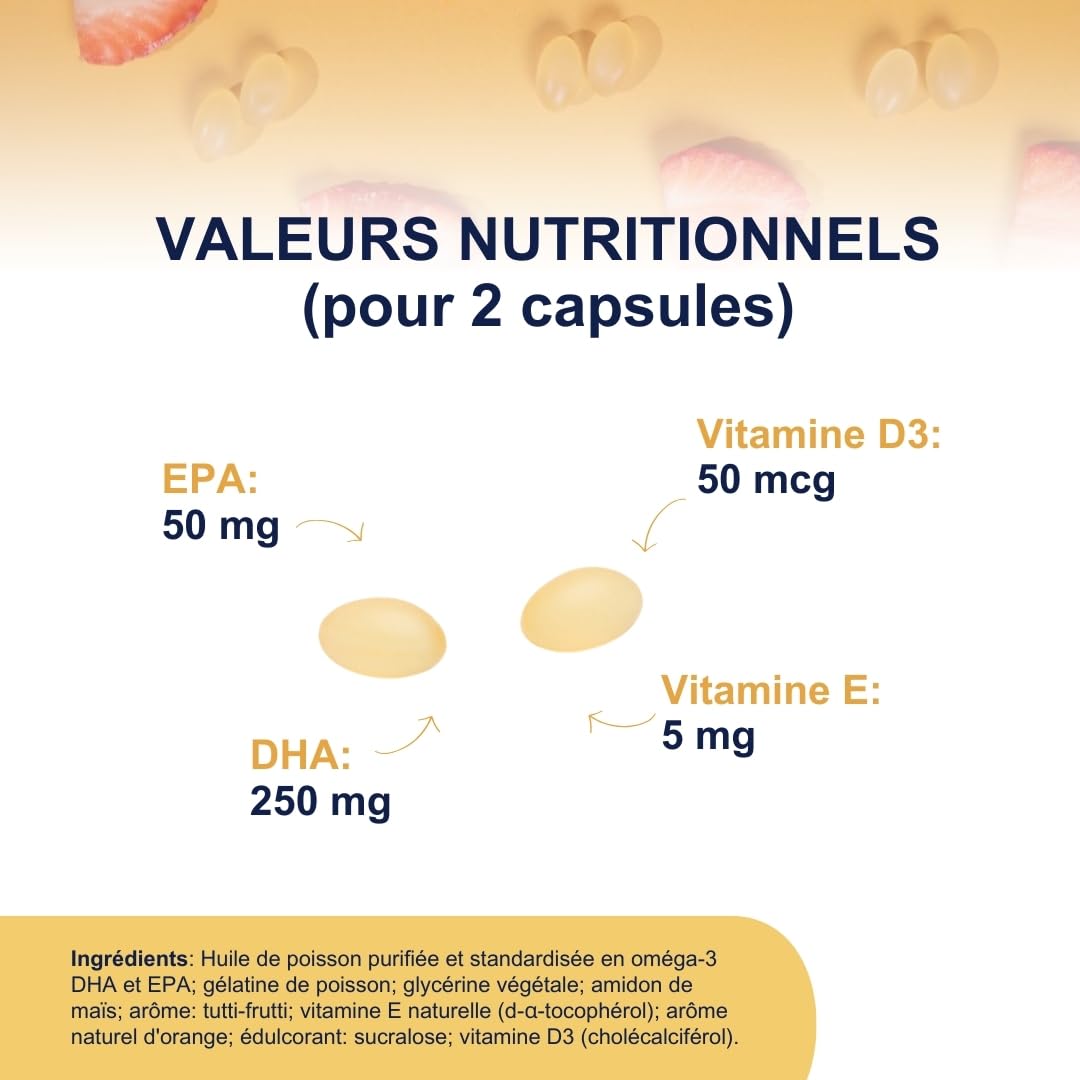 Gélules Omegor Kids | 250 mg d'oméga-3 DHA pour les enfants | Gélules molles exquises à croquer, créées à partir de gélatine de poisson | Goût sucré - Saveur délicate multifruits, 60 gélules
