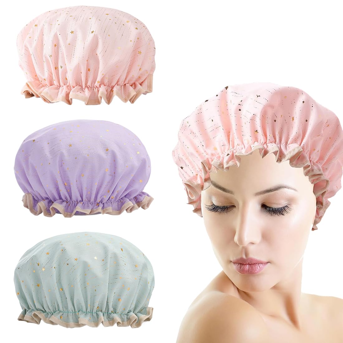 3 Piezas Gorro Ducha Impermeable, Gorro Ducha Mujer, Gorro de Baño Elástico,Gorro de Spa Para Pelo Reutilizables, Gorro de Ducha para Mujeres y Niñas de Margarita para Hogar/Spa/Viajes/Hotel/Cocina