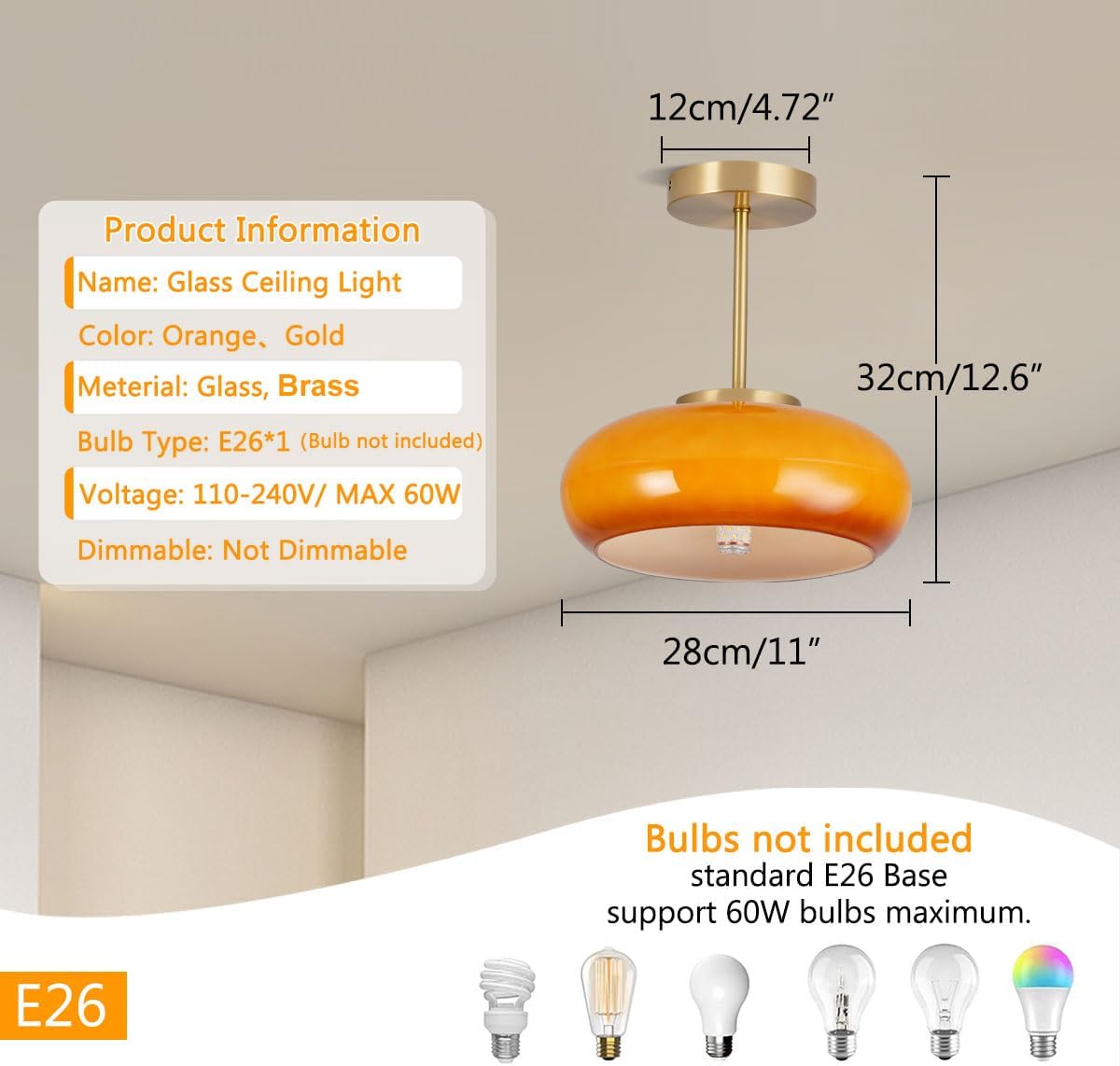 Milk Glass Flush Mount Ceiling Light mid Century Modern Ceiling Lights fixtures Dome Glass Shade Gold Brass Ceiling Light, Orange GlassCeiling Lamp for Hallway Dining Room Kitchen