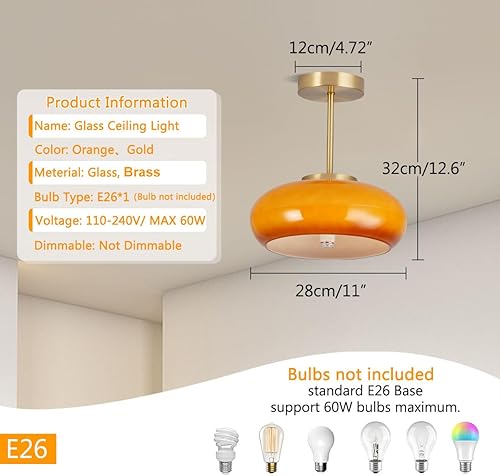 Miniatura 2 de Qufute Lámpara de techo semiempotrada dorada de 1 lámpara de techo cerca de techo con pantalla de cristal de cúpula naranja lámpara de techo de