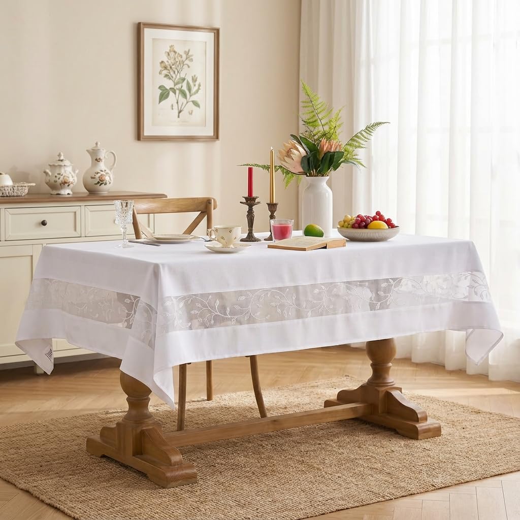 Polyester Fabric Tablecloth with Exquisite Embroidery Sheer Border-Waterproof/Wrinkle Resistant-for Dining,Indoor&Outdoor,Wedding,Holiday,White,Rectangle 60x84Inch