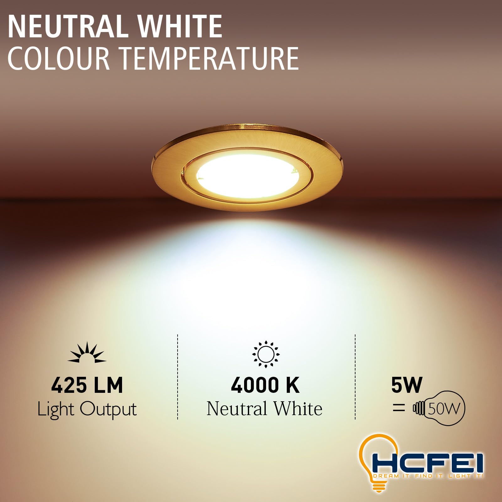 HCFEI Faretto LED dimmabile, oro opaco, rotondo, orientabile, 5 W, piatto, 230 V, faretto incasso 68 mm, diffusione 120°, bianco neutro 4000 K (confezione 10)