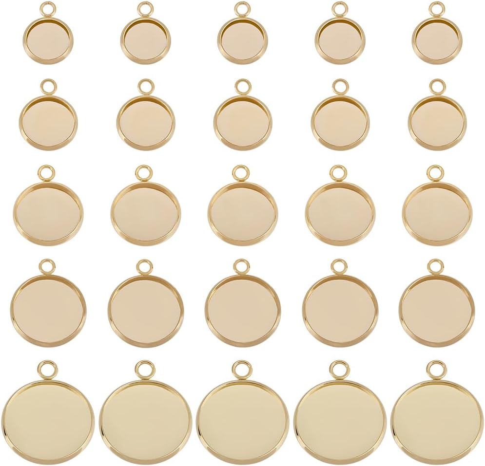 Beebeecraft 1 Box 40Pcs Pendant Cabochon Settings 5 Sizes Round Blank Bezel Pendant Trays for DIY Jewelry Findings Making